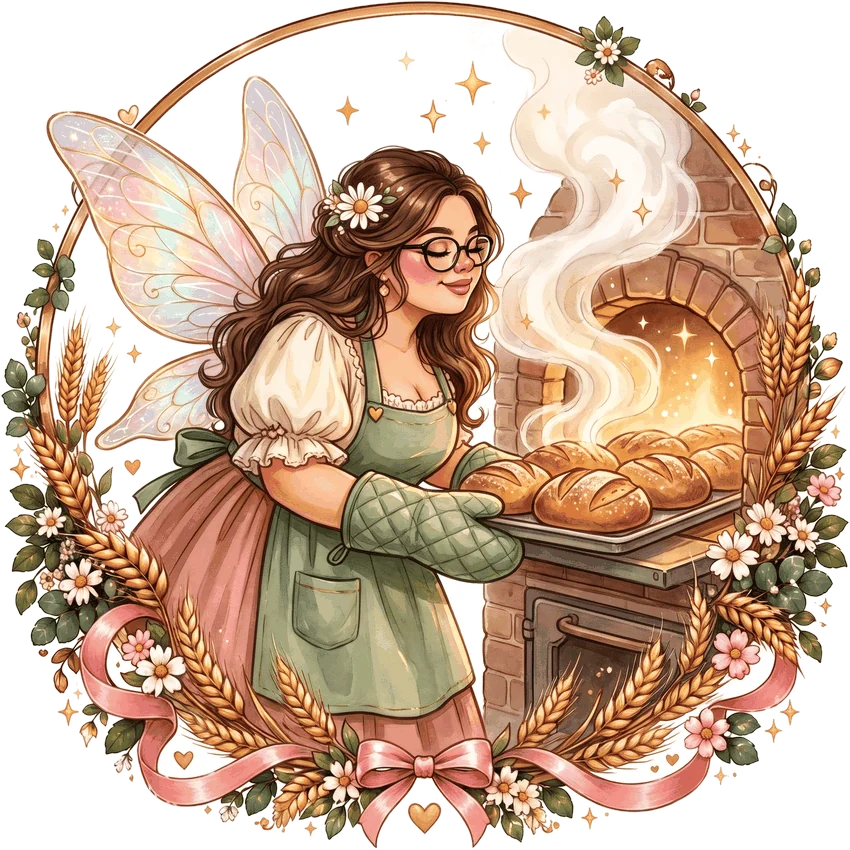 Illustration of the Flour Fairy taking a tray of loaves from a brick oven