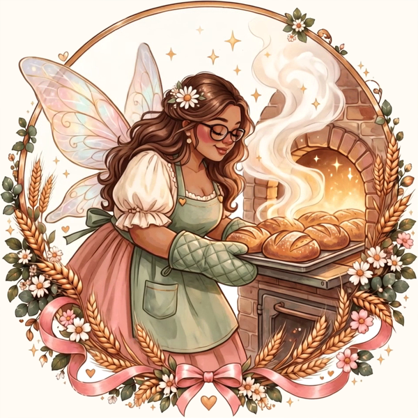 Illustration of the Flour Fairy taking a tray of loaves from a brick oven