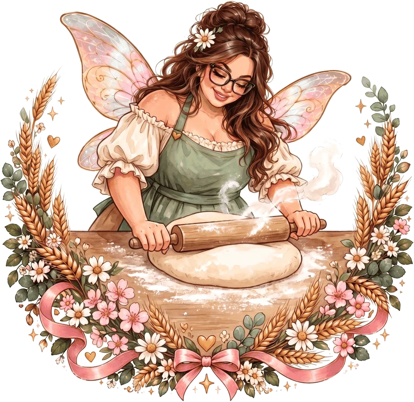 Illustration of the Flour Fairy rolling out dough, in a wreath of wheat and flowers