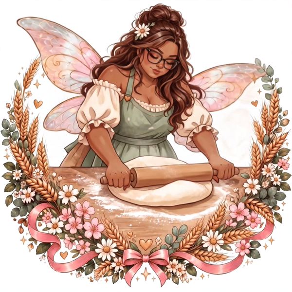 Illustration of the Flour Fairy rolling out dough, in a wreath of wheat and flowers