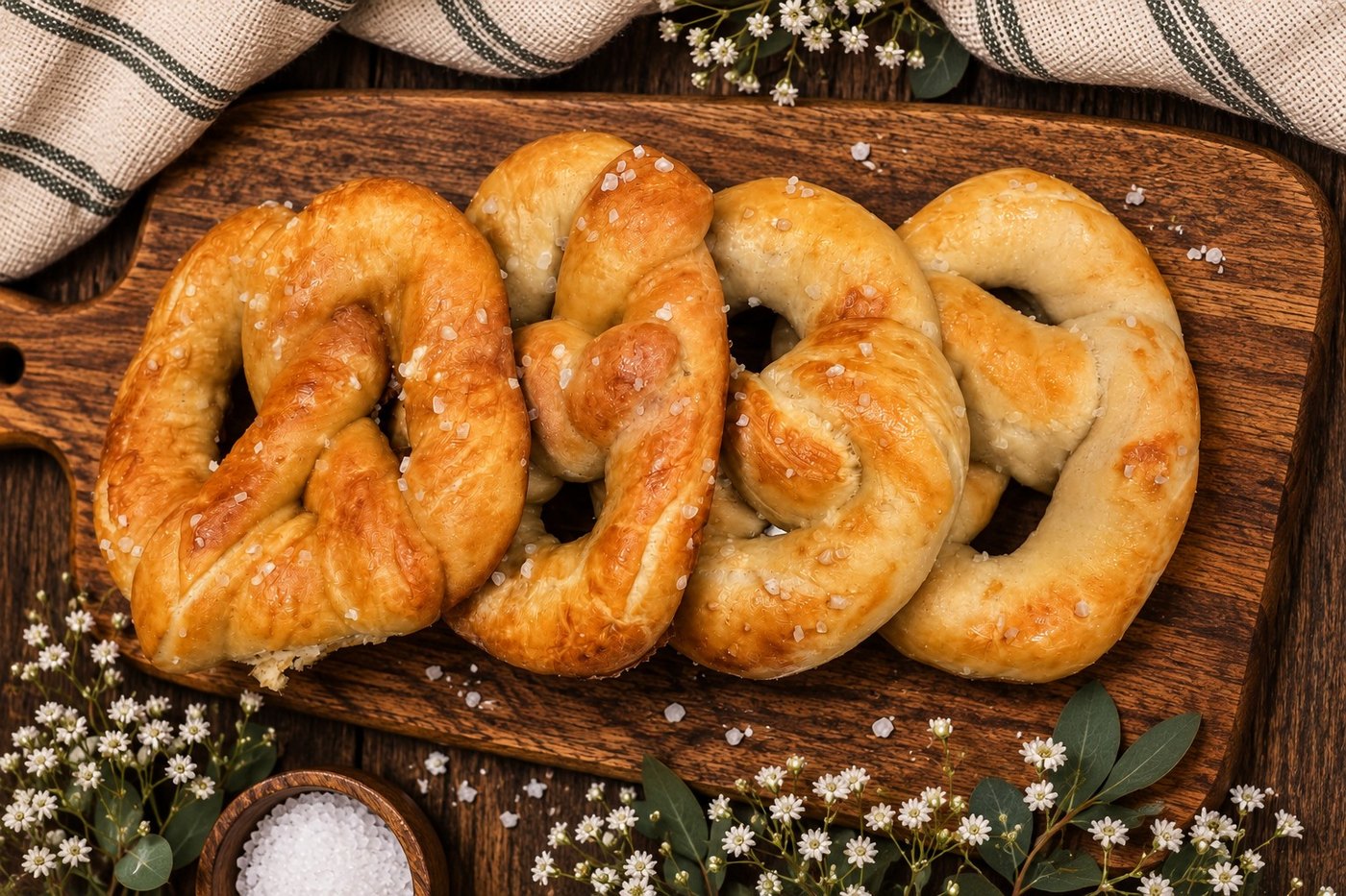 Soft baked pretzels on a wooden board