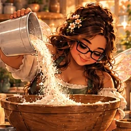 Jennifer's fairy pouring flour into a wooden mixing bowl